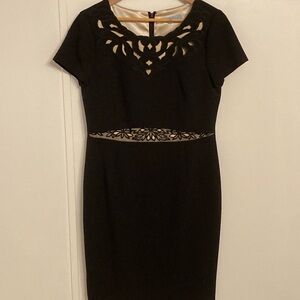 ANTONIO MELANI Black Midi Sheath Dress with Cutout Design Cap Sleeves Size 10